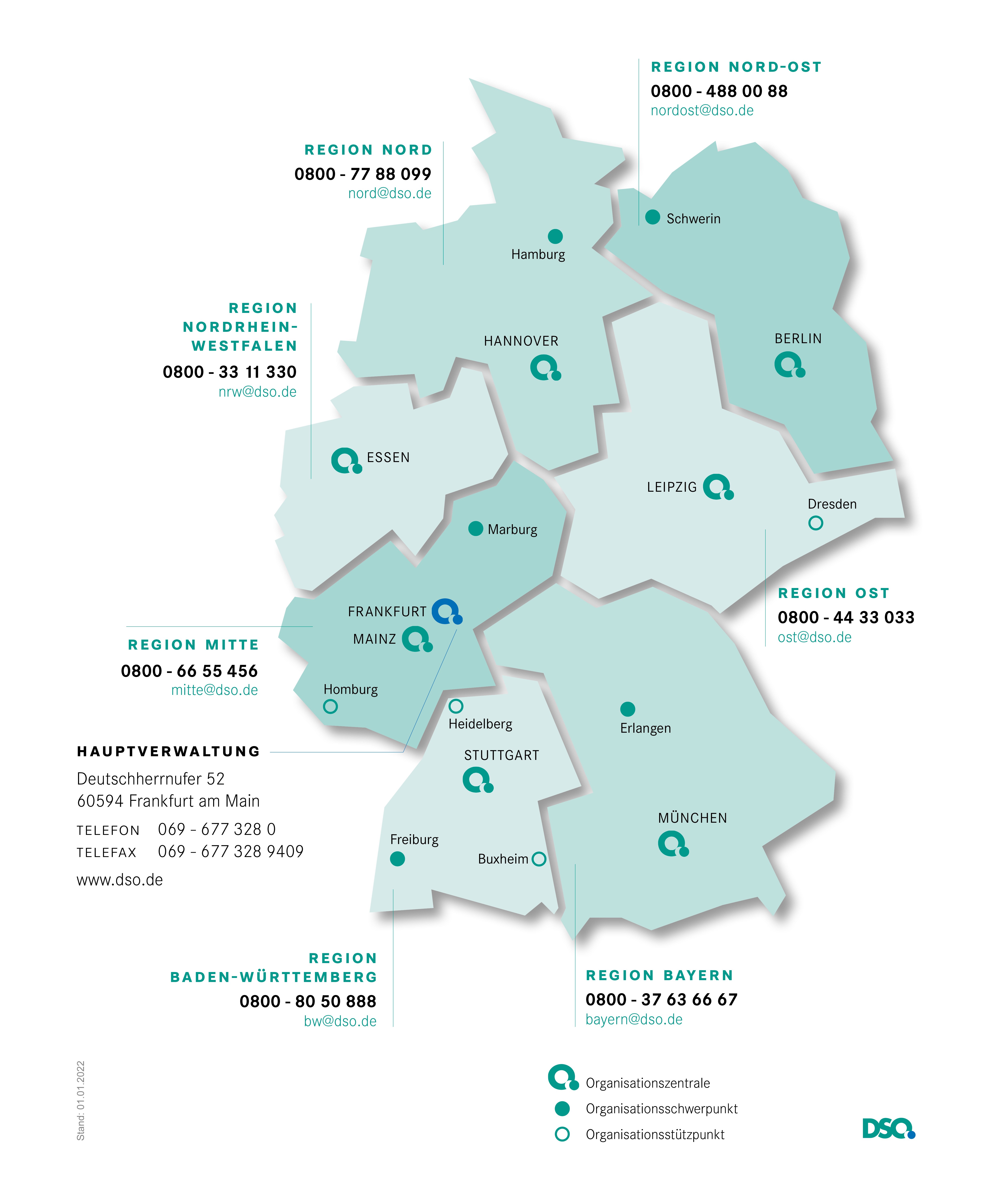 Regionen und Organisationsstandorte der DSO in Deutschland